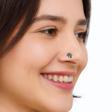 925 Sterling Silver White CZ Antique Finish Flower Nose Pin