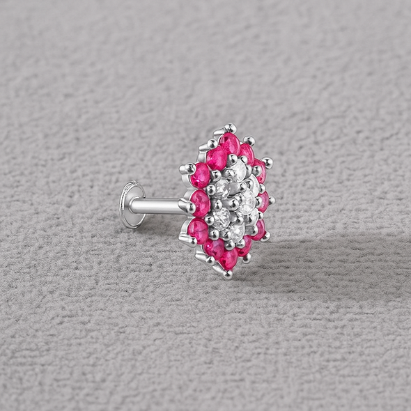 Floral Ruby & White CZ Nose Pin 925 Sterling Silver