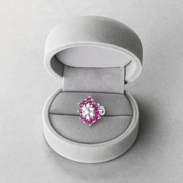 Floral Ruby & White CZ Nose Pin 925 Sterling Silver