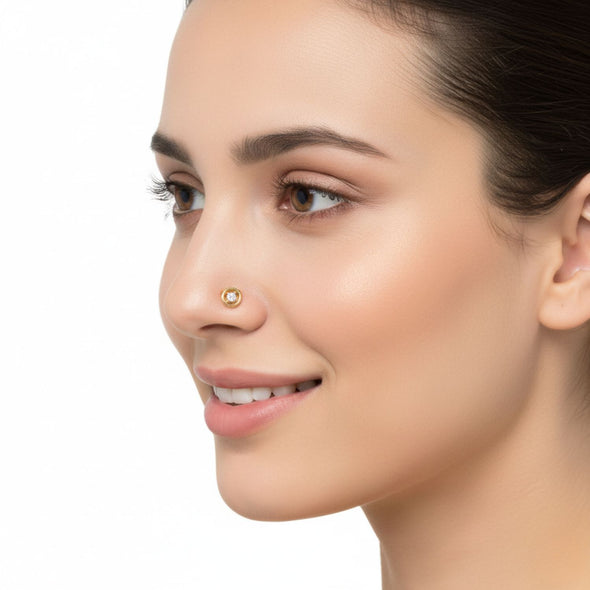 Round Bezel White CZ Nose Pin 925 Sterling Silver Yellow Gold Plated