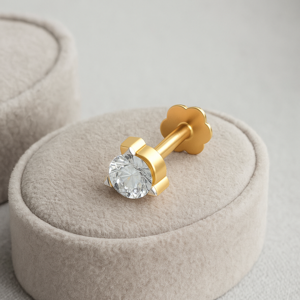 Round White CZ Nose Pin 925 Sterling Silver Yellow Gold Plated