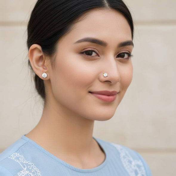 Round White CZ Nose Pin 925 Sterling Silver Yellow Gold Plated