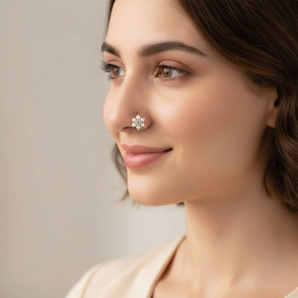 Floral CZ Nose Pin 925 Sterling Silver Yellow Gold Plated