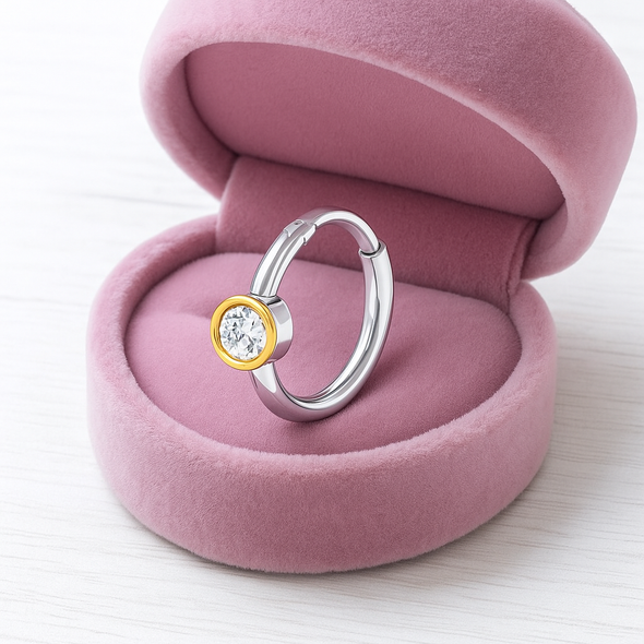Bezel Set CZ Nose Pin 925 Sterling Silver Two-Tone (Gold & Silver)