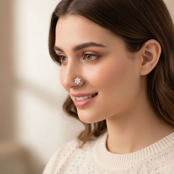 Floral Cz Cluster Nose Pin 925 Sterling Silver Yellow Plated