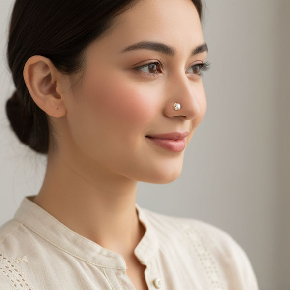 Classic Pearl Nose Pin 925 Sterling Silver Yellow Plated