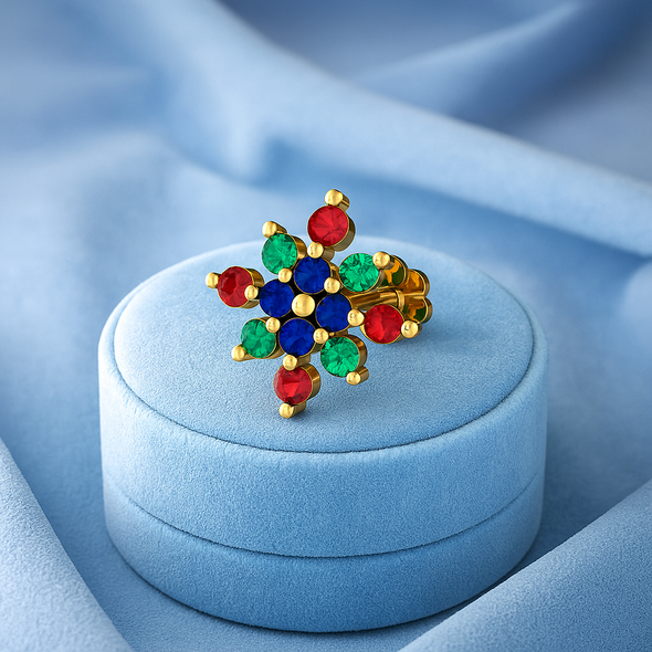 Multicolor Floral CZ Nose Pin 925 Sterling Silver Yellow Plated