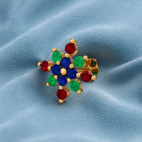 Multicolor Floral CZ Nose Pin 925 Sterling Silver Yellow Plated