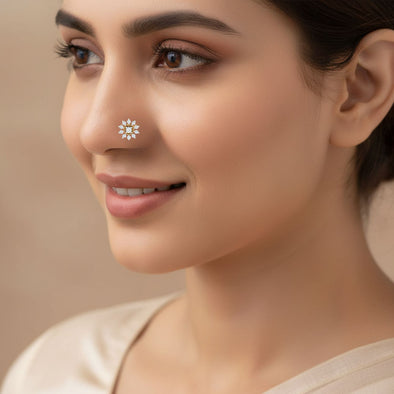 Floral Halo White CZ Nose Pin 925 Sterling Silver Yellow Plated
