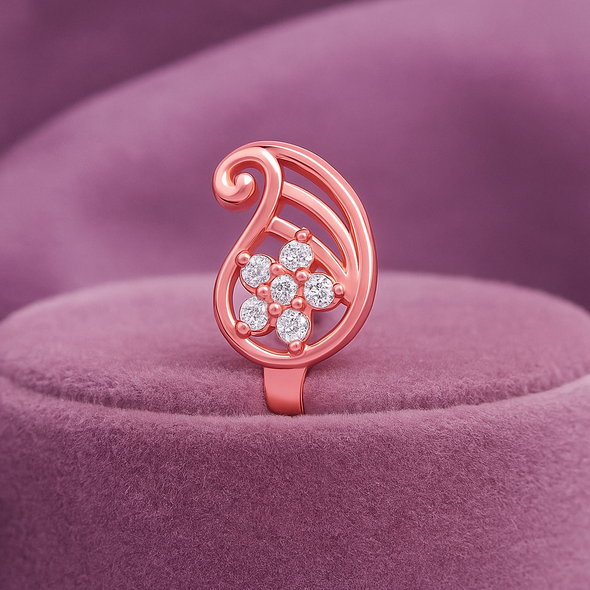 White CZ Floral Leaf Nose Pin 925 Sterling Silver Rose Plated