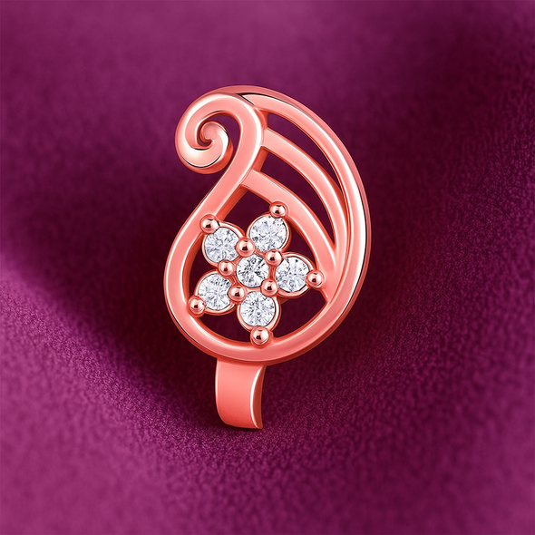 White CZ Floral Leaf Nose Pin 925 Sterling Silver Rose Plated