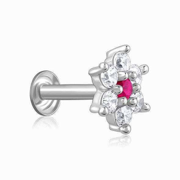 Floral Red & White CZ Nose Pin 925 Sterling Silver