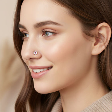 Floral Red & White CZ Nose Pin 925 Sterling Silver