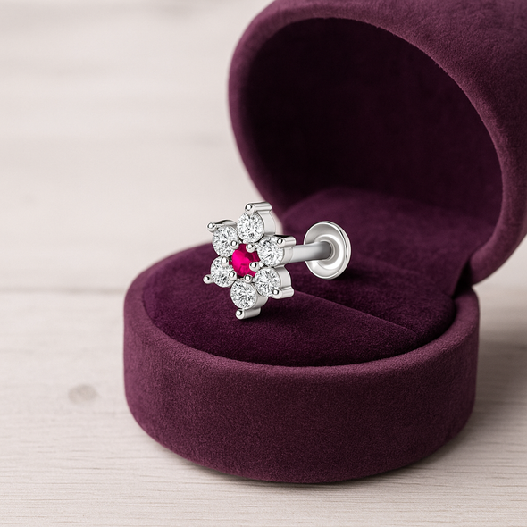 Floral Red & White CZ Nose Pin 925 Sterling Silver