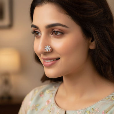 Floral Cluster White CZ Nose Pin 925 Sterling Silver Yellow Plated