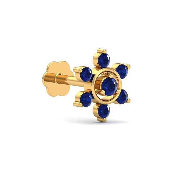 Floral Blue CZ Nose Pin 925 Sterling Silver Yellow Plated