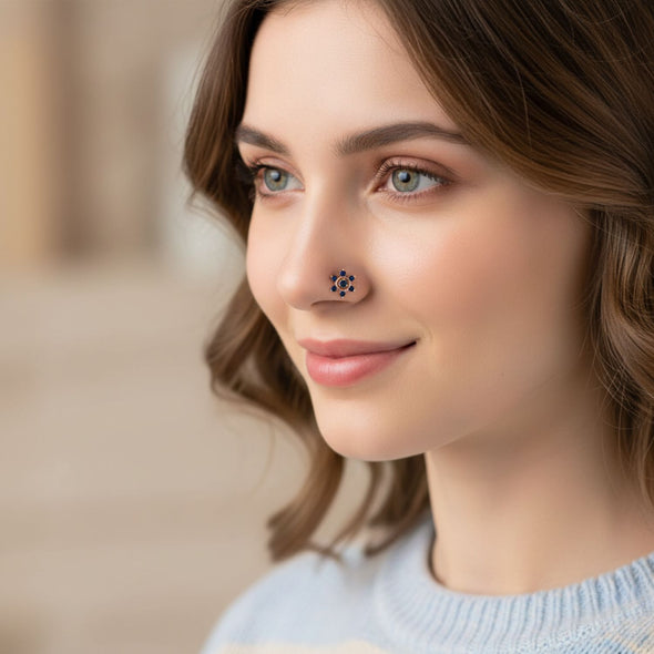 Floral Blue CZ Nose Pin 925 Sterling Silver Yellow Plated