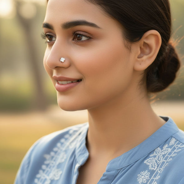 Classic Solitaire White CZ Nose Pin 925 Sterling Silver Yellow Plated