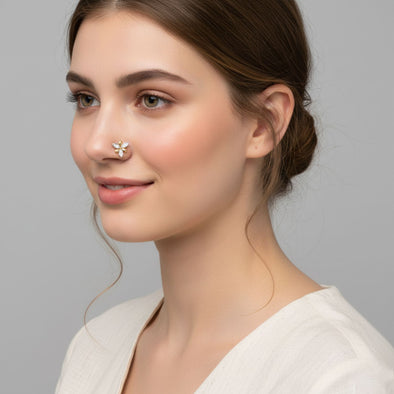 Dual-Tone Floral White CZ Nose Pin 925 Sterling Silver Yellow Plated