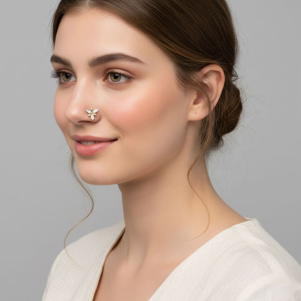 Dual-Tone Floral White CZ Nose Pin 925 Sterling Silver Yellow Plated