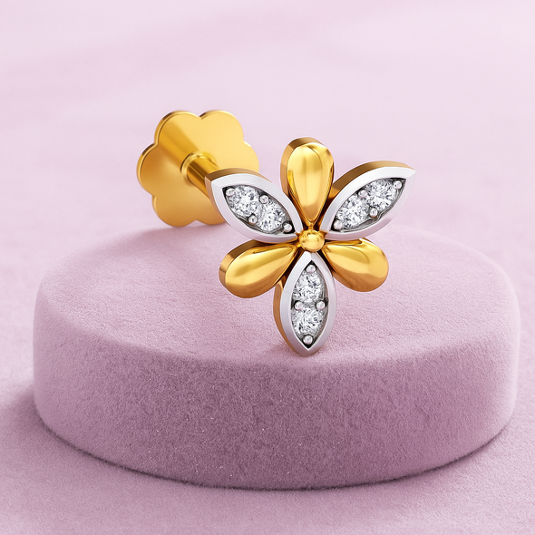 Dual-Tone Floral White CZ Nose Pin 925 Sterling Silver Yellow Plated