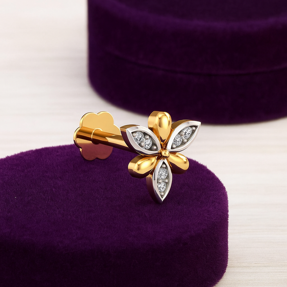 Dual-Tone Floral White CZ Nose Pin 925 Sterling Silver Yellow Plated