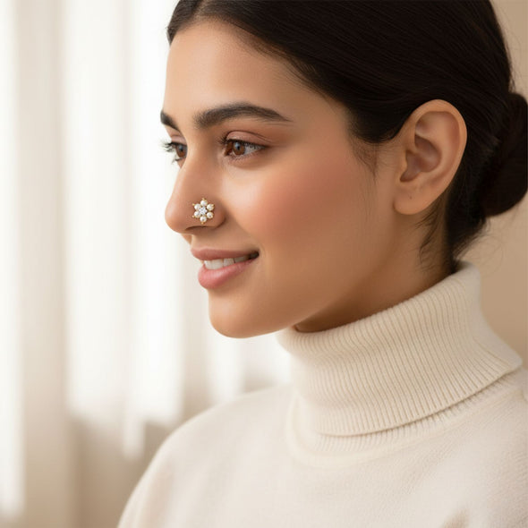 Pearl Floral Nose Pin 925 Sterling Silver Yellow Plated