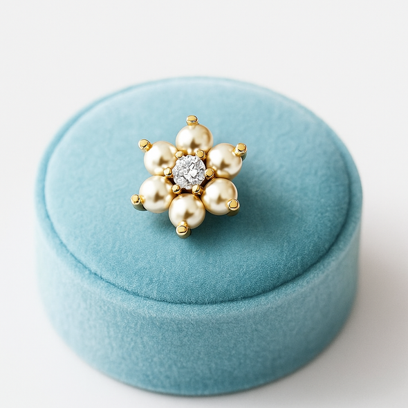 Pearl Floral Nose Pin 925 Sterling Silver Yellow Plated