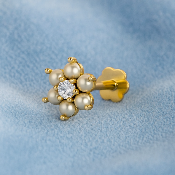 Pearl Floral Nose Pin 925 Sterling Silver Yellow Plated