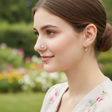 Floral White CZ Nose Pin 925 Sterling Silver Yellow Plated