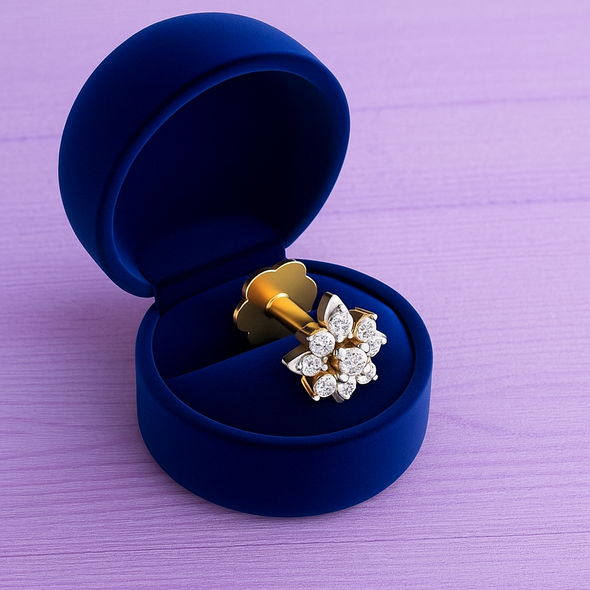 White CZ Floral Nose Pin 925 Sterling Silver Yellow Plated