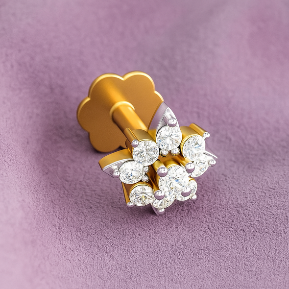 White CZ Floral Nose Pin 925 Sterling Silver Yellow Plated