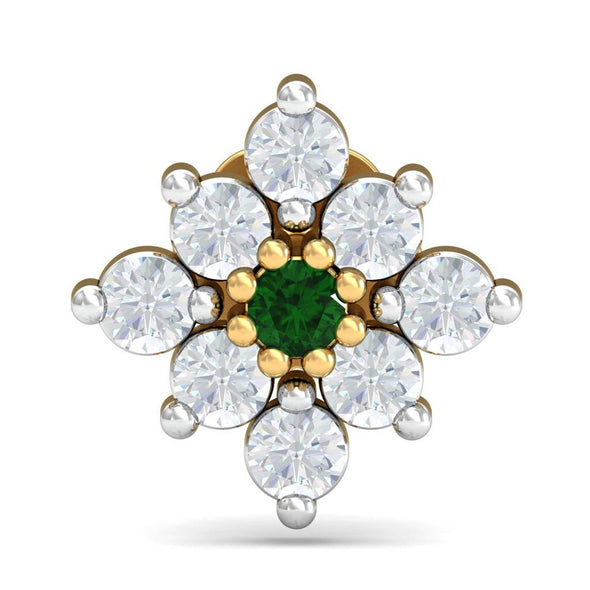 Green & White CZ Floral Nose Pin 925 Sterling Silver Yellow Plated