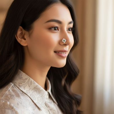 Green & White CZ Floral Nose Pin 925 Sterling Silver Yellow Plated