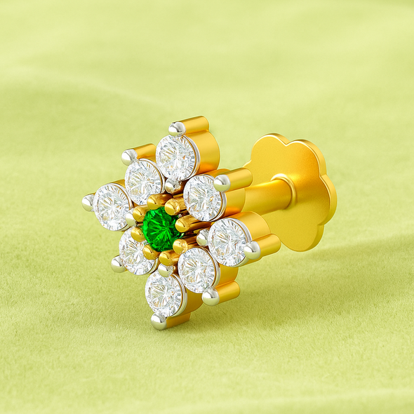 Green & White CZ Floral Nose Pin 925 Sterling Silver Yellow Plated