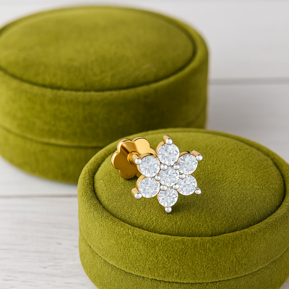 White CZ Flower Nose Pin 925 Sterling Silver Yellow Plated