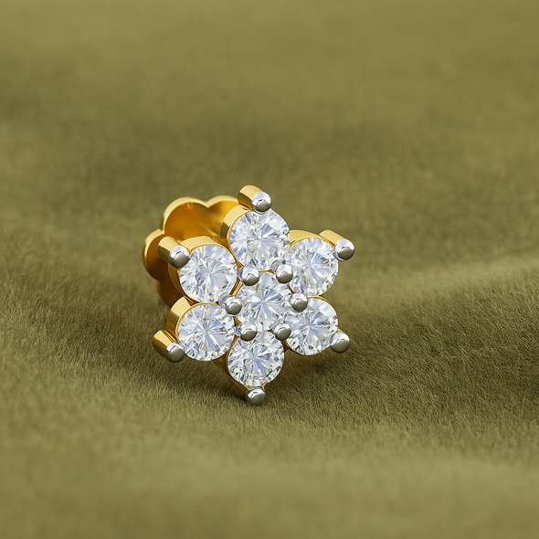White CZ Flower Nose Pin 925 Sterling Silver Yellow Plated