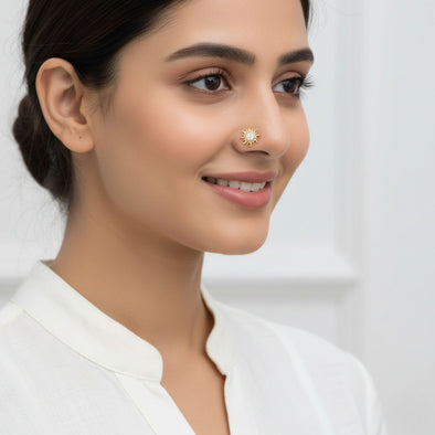 Sun Shape White CZ Nose Pin 925 Sterling Silver Yellow Plated