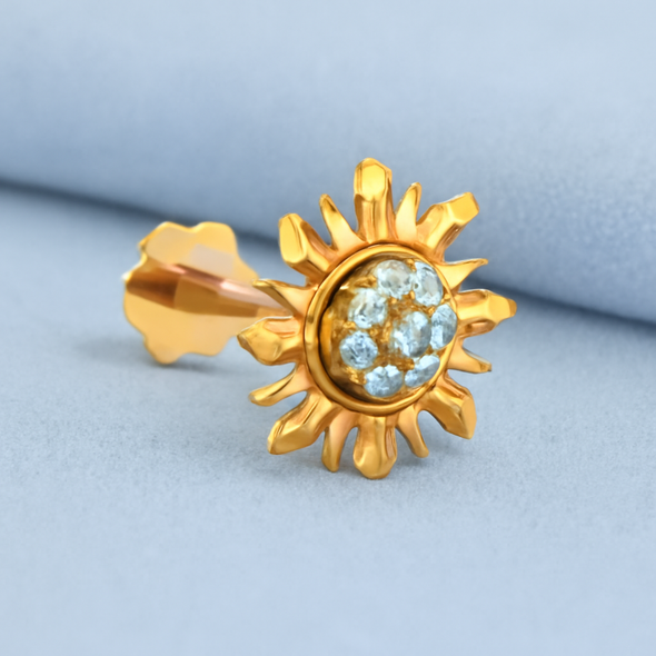 Sun Shape White CZ Nose Pin 925 Sterling Silver Yellow Plated