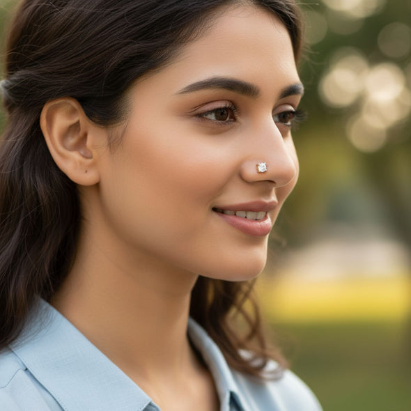 Classic Single White CZ Nose Pin 925 Sterling Silver Yellow Plated