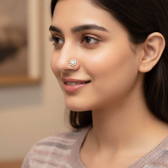 White CZ Daisy Nose Pin 925 Sterling Silver Yellow Plated