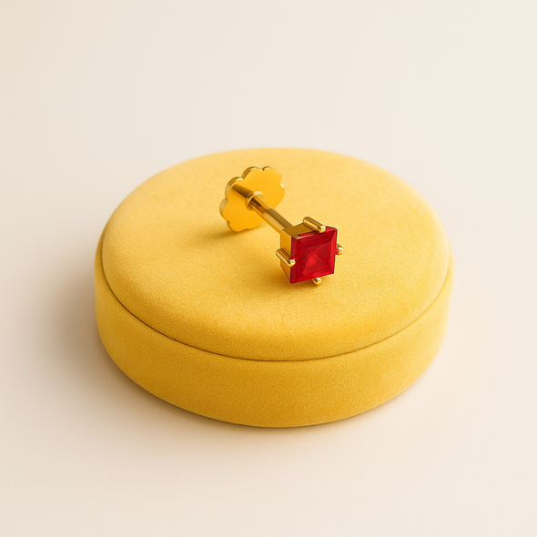 Red Square CZ Nose Pin 925 Sterling Silver Yellow Plated