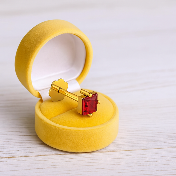 Red Square CZ Nose Pin 925 Sterling Silver Yellow Plated