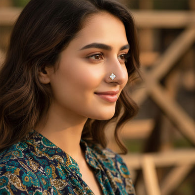 Four Stone Flower White CZ Nose Pin 925 Sterling Silver Yellow Plated