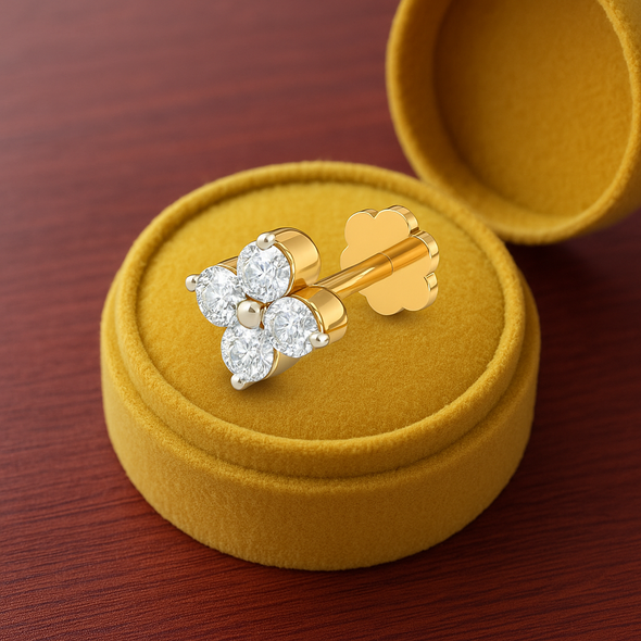 Four Stone Flower White CZ Nose Pin 925 Sterling Silver Yellow Plated