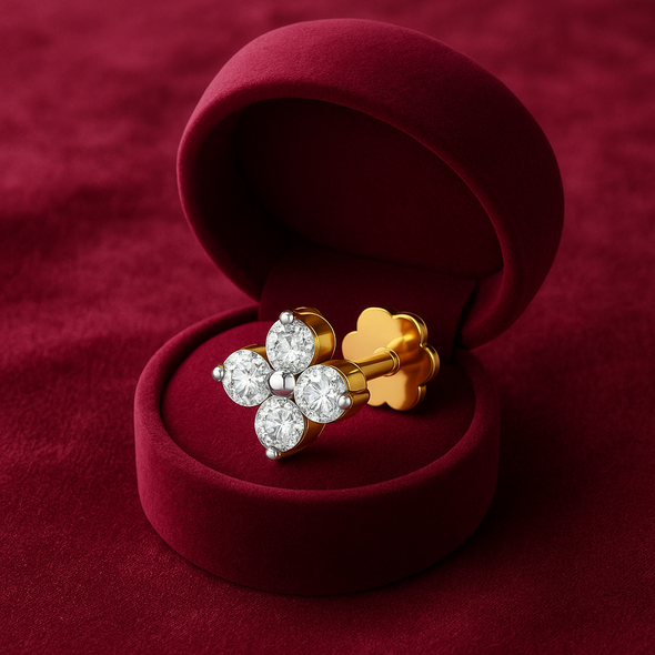 Four Stone Flower White CZ Nose Pin 925 Sterling Silver Yellow Plated