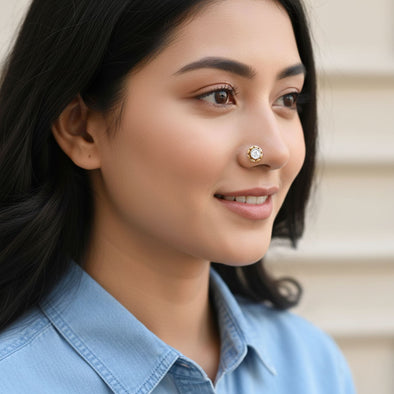 Floral Bezel-Set CZ Nose Pin 925 Sterling Silver Yellow Plated