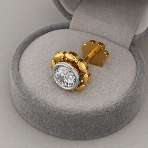 Floral Bezel-Set CZ Nose Pin 925 Sterling Silver Yellow Plated