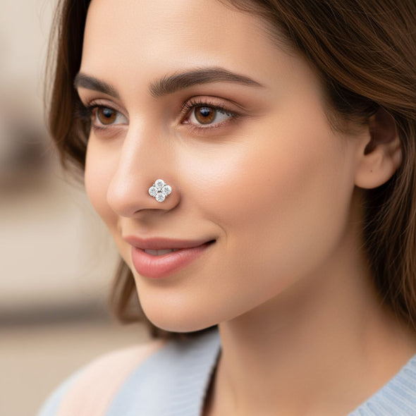 Four-Petal CZ Floral Nose Pin 925 Sterling Silver Yellow Plated