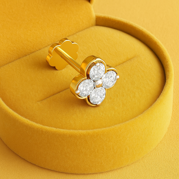 Four-Petal CZ Floral Nose Pin 925 Sterling Silver Yellow Plated